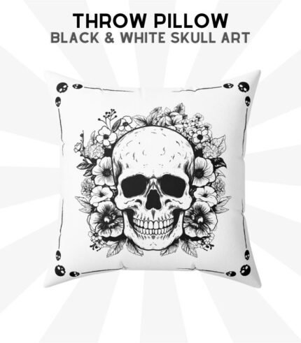 Black & White Skull Art Throw Pillow