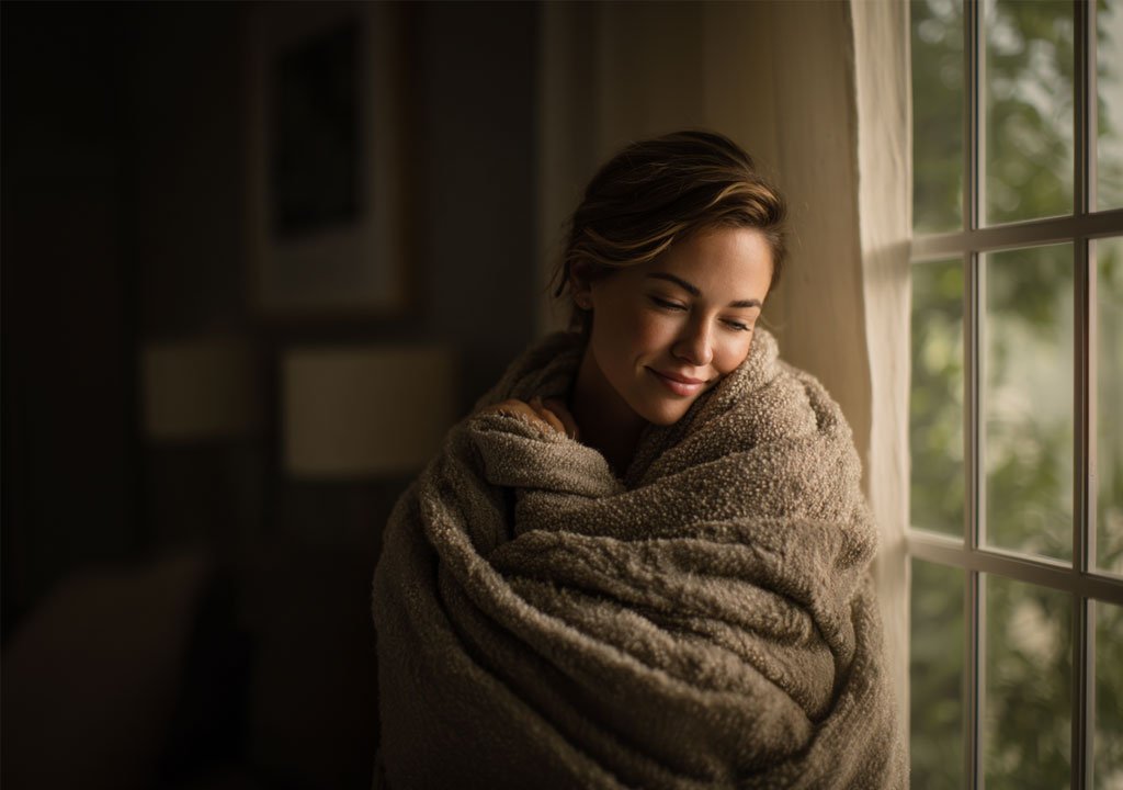 woman cuddling blanket